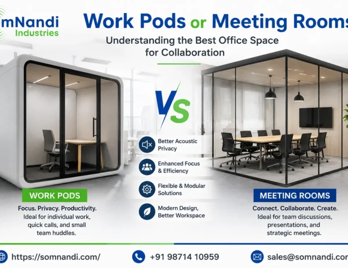 meeting rooms, meeting pod, work pod, office pods, acoustic booth office, soundproof work pod, working pods, meeting pod vs meeting room, private office space, SomNandi Industries