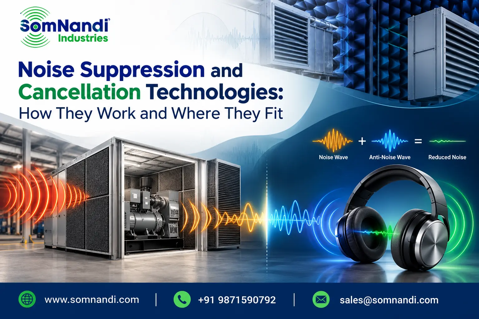 Noise Suppression and Cancellation Technologies: How They Work and Where They Fit 1 noise suppression technology, noise cancellation technology, active noise cancellation, passive noise suppression, acoustic noise control systems, sound dampening technology, industrial noise reduction, SomNandi Industries noise solutions